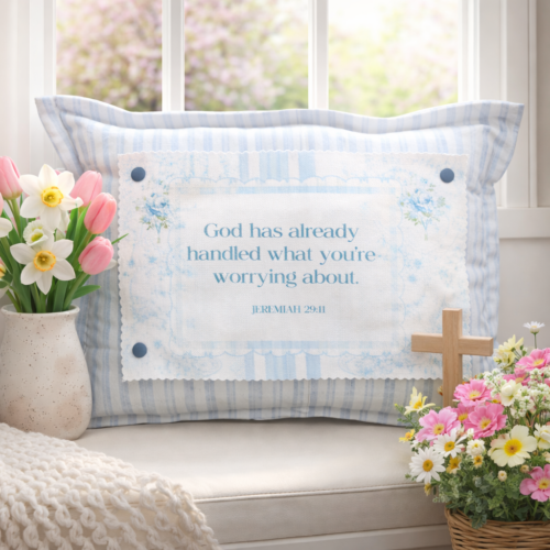 Blue floral Christian Snap-It pillow graphic with Jeremiah 29:11 on striped pillow base for spring home décor.