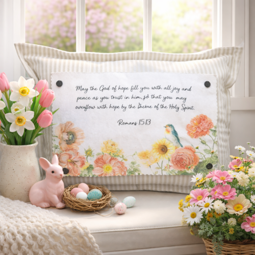 Romans 15:13 floral Christian Snap-It pillow graphic with spring flowers and bird illustration.