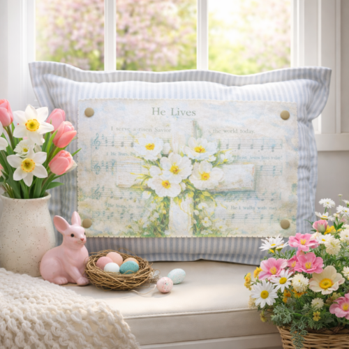 He Lives Christian Easter Snap-It pillow graphic with cross, white lilies, and vintage hymn background.