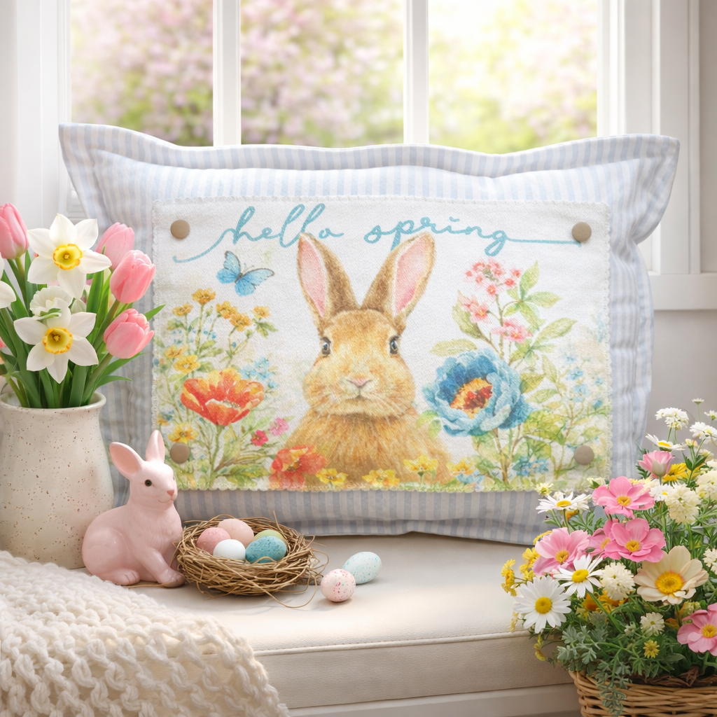 Hello Spring bunny Snap-It pillow graphic with watercolor rabbit, flowers, and butterfly.