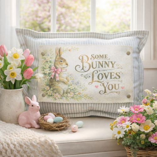 Some Bunny Loves You Easter Snap-It pillow graphic with vintage bunny illustration and floral lettering.