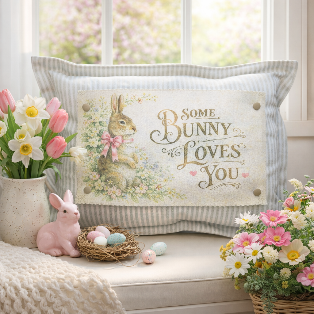 Some Bunny Loves You Easter Snap-It pillow graphic with vintage bunny illustration and floral lettering.
