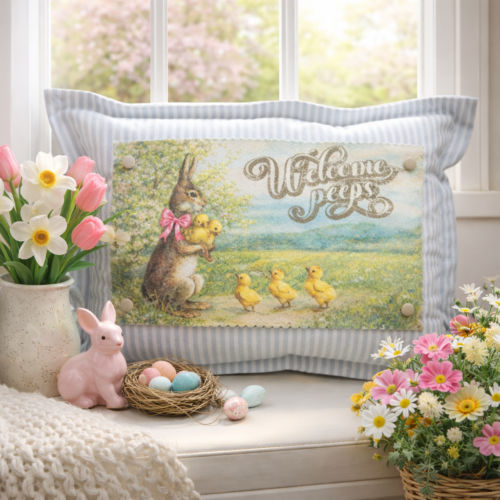 Welcome Peeps Easter Snap-It pillow graphic with bunny and baby chicks in vintage spring scene.