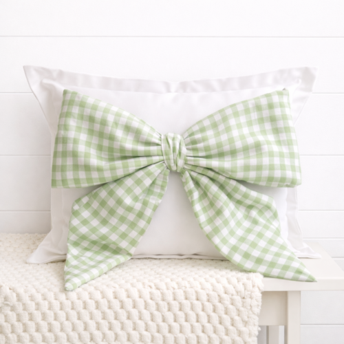 Light green gingham Snap-It bow attached to white Snap-It pillow