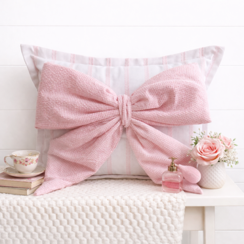 Pink Seersucker Snap-It bow attached to pink vine Snap-It pillow