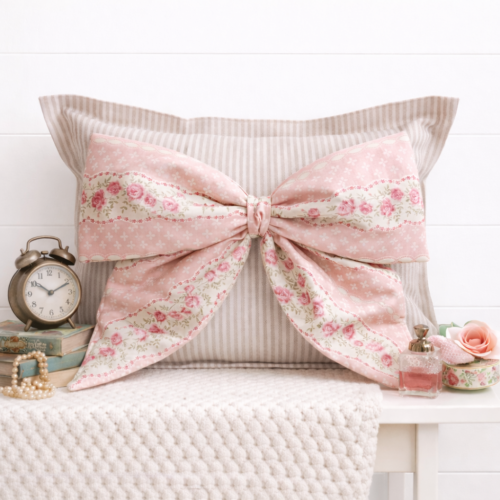 Pink vintage floral Snap-It bow on Tan & White Striped Snap-It pillow