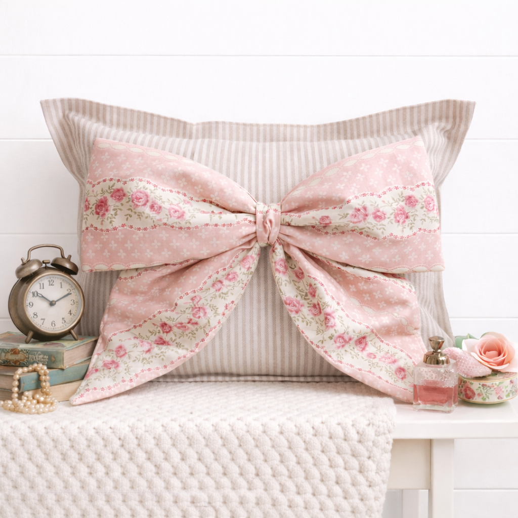 Pink vintage floral Snap-It bow on Tan & White Striped Snap-It pillow